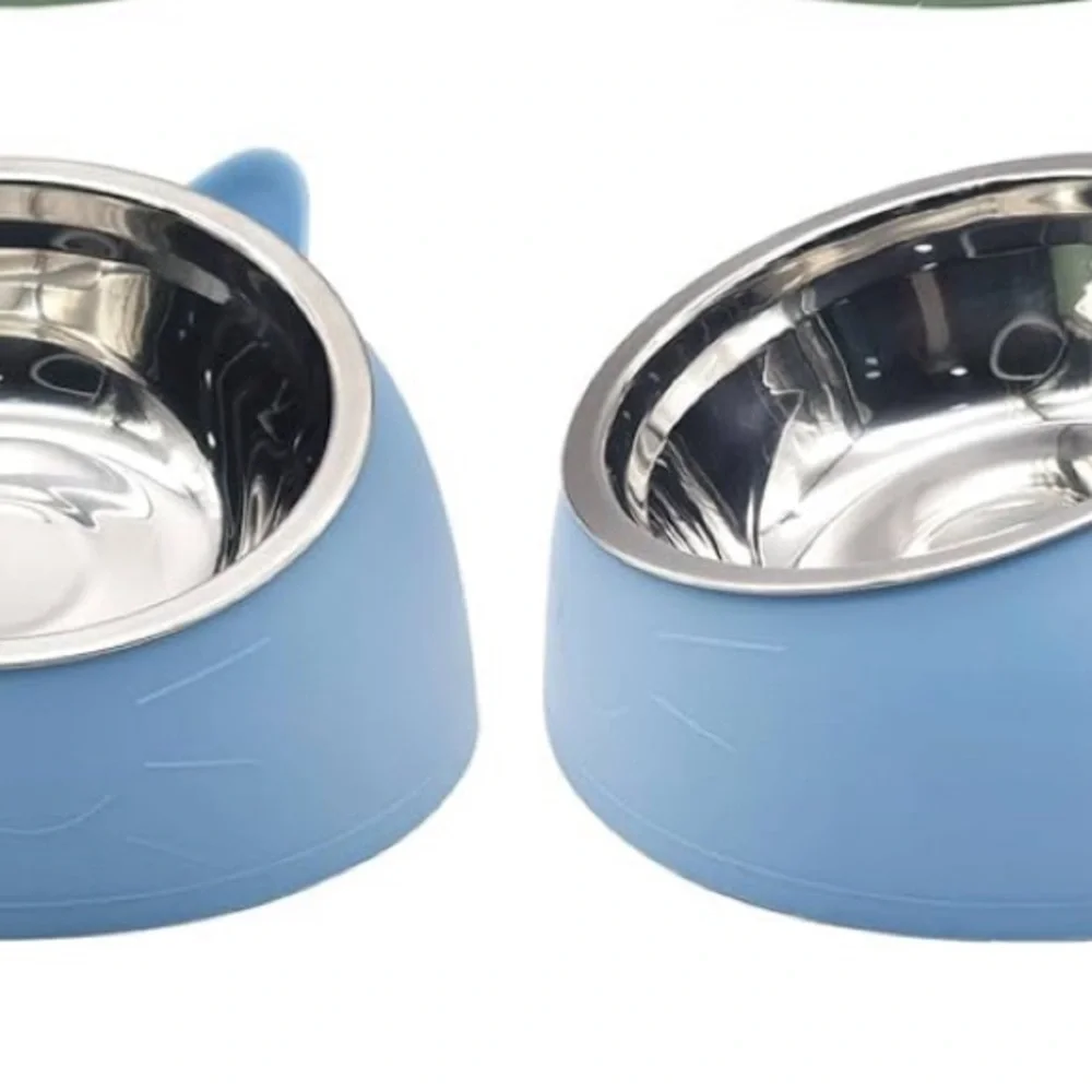Blue or Green 400ml - Medium New -Raised Cat Bowls, Tilted Stainless Steel-
